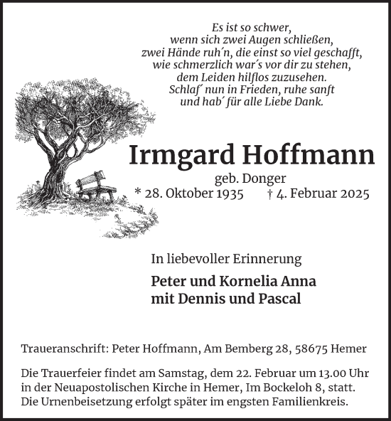 Traueranzeige von Irmgard Hoffmann von Tageszeitung