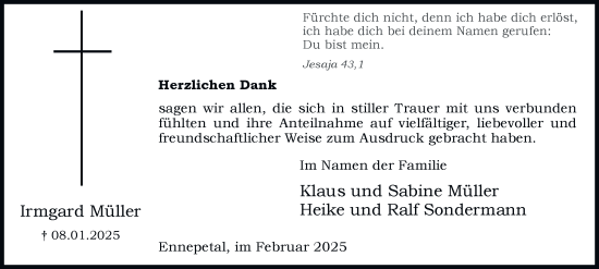 Traueranzeige von Irmgard Müller von Tageszeitung