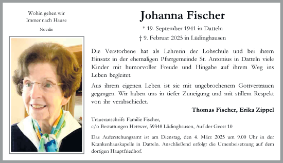 Traueranzeige von Johanna Fischer von Tageszeitung