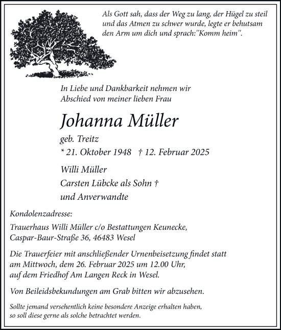 Traueranzeige von Johanna Müller von Tageszeitung