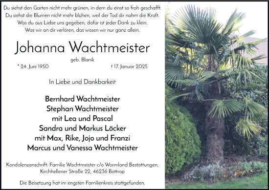 Traueranzeige von Johanna Wachtmeister von Tageszeitung