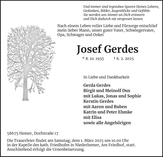Traueranzeige von Josef Gerdes von Tageszeitung