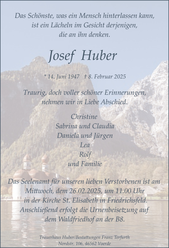 Traueranzeige von Josef Huber von Tageszeitung