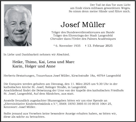Traueranzeige von Josef Müller von Tageszeitung
