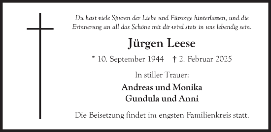 Traueranzeige von Jürgen Leese von Tageszeitung