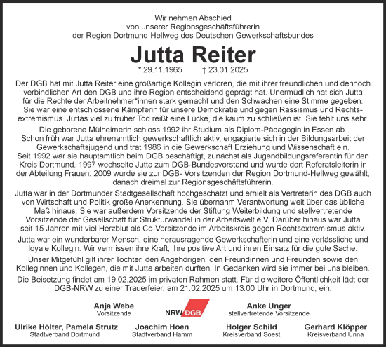 Traueranzeige von Jutta Reiter von Tageszeitung