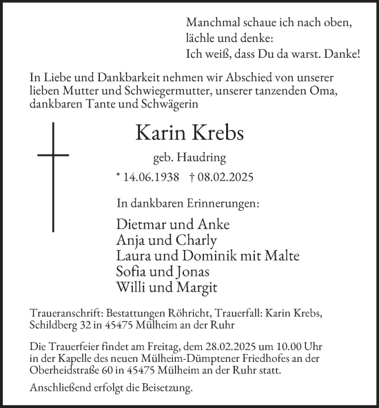 Traueranzeige von Karin Krebs von Tageszeitung