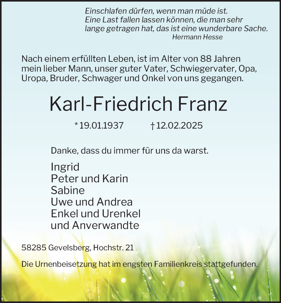  Traueranzeige für Karl-Friedrich Franz vom 22.02.2025 aus Tageszeitung