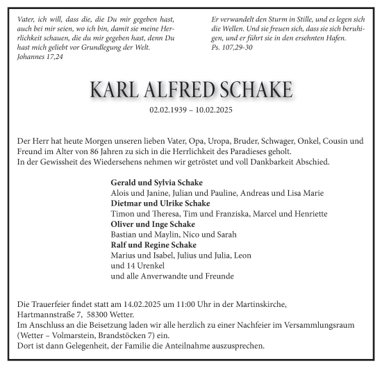 Traueranzeige von Karl Alfred Schake von Tageszeitung