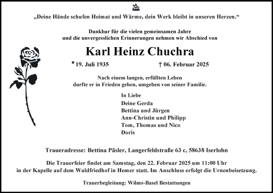 Traueranzeige von Karl Heinz Chuchra von Tageszeitung
