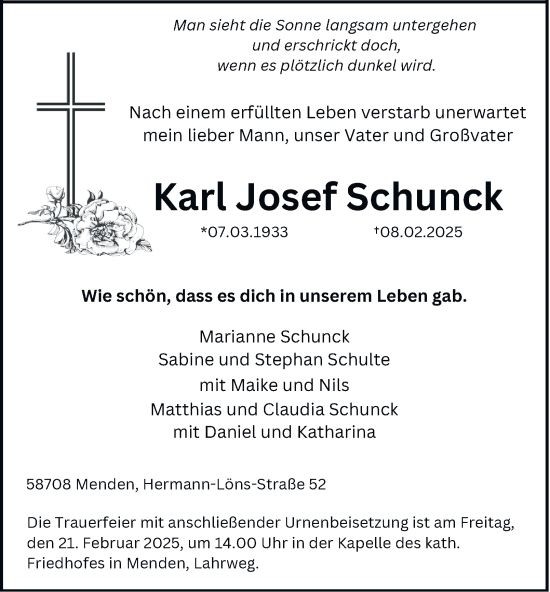Traueranzeige von Karl Josef Schunck von Tageszeitung