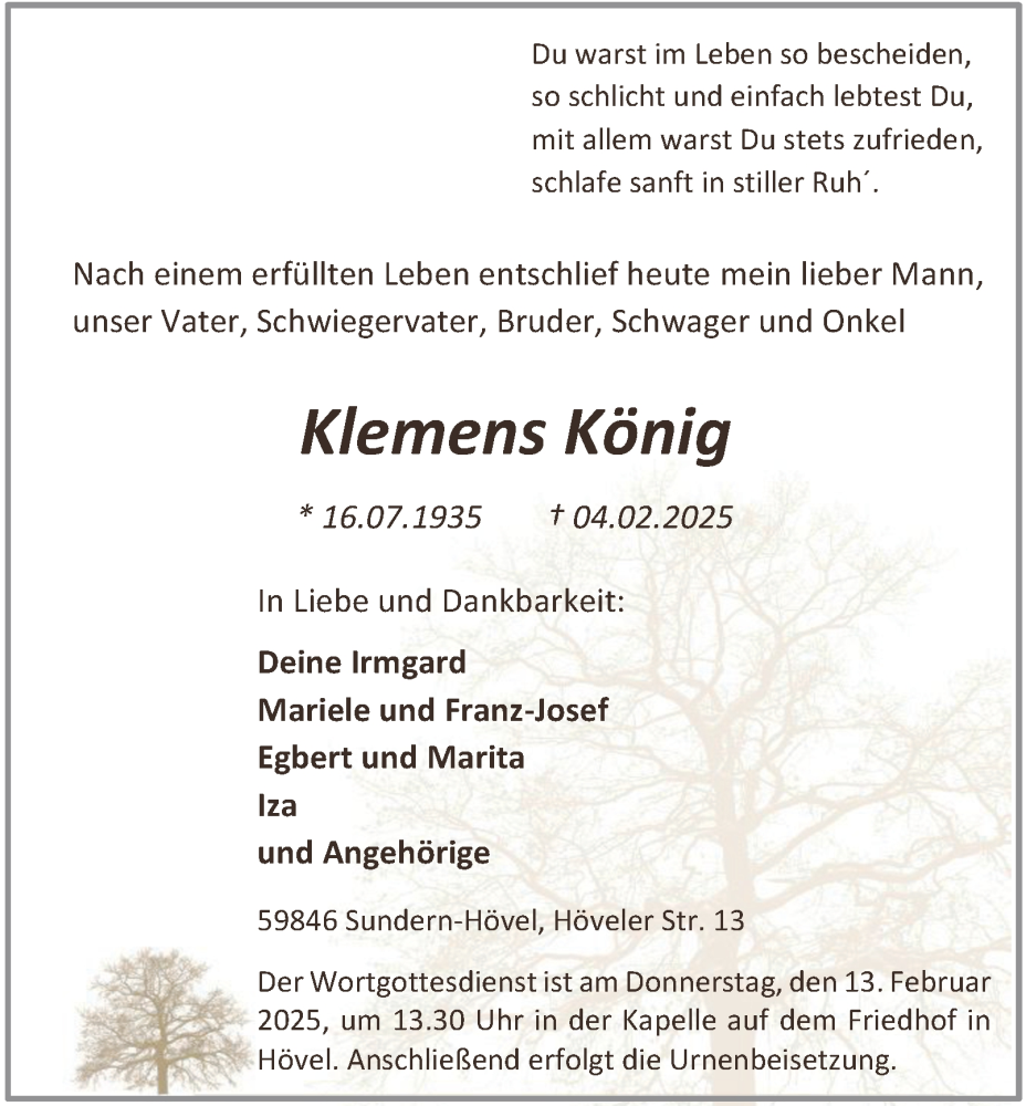  Traueranzeige für Klemens König vom 08.02.2025 aus Tageszeitung