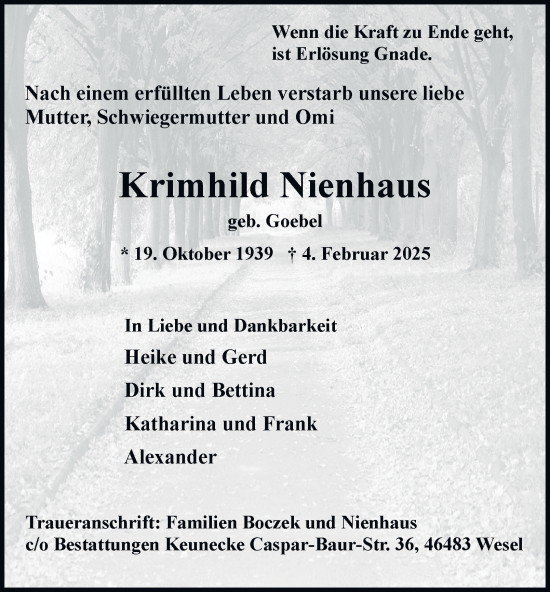 Traueranzeige von Krimhild Nienhaus von Tageszeitung