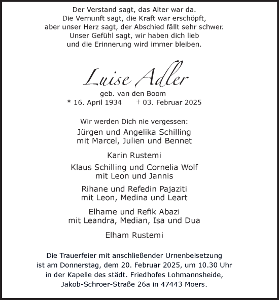 Traueranzeige von Luise Adler von Tageszeitung