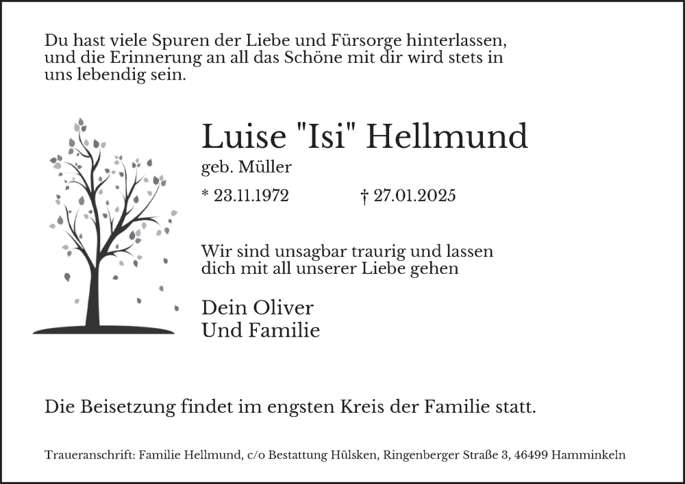  Traueranzeige für Luise Isi Hellmund vom 08.02.2025 aus Tageszeitung