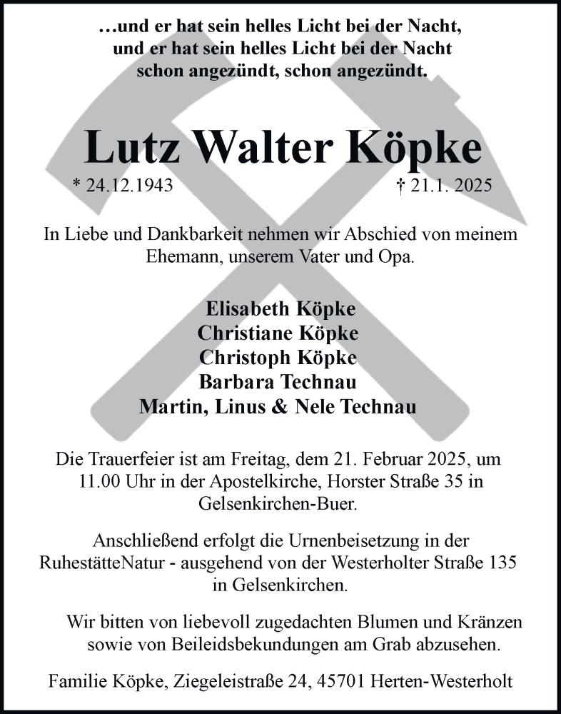  Traueranzeige für Lutz Walter Köpke vom 15.02.2025 aus Tageszeitung