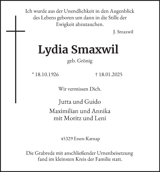 Traueranzeige von Lydia Smaxwil von Tageszeitung