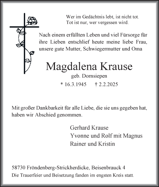 Traueranzeige von Magdalena Krause von Tageszeitung