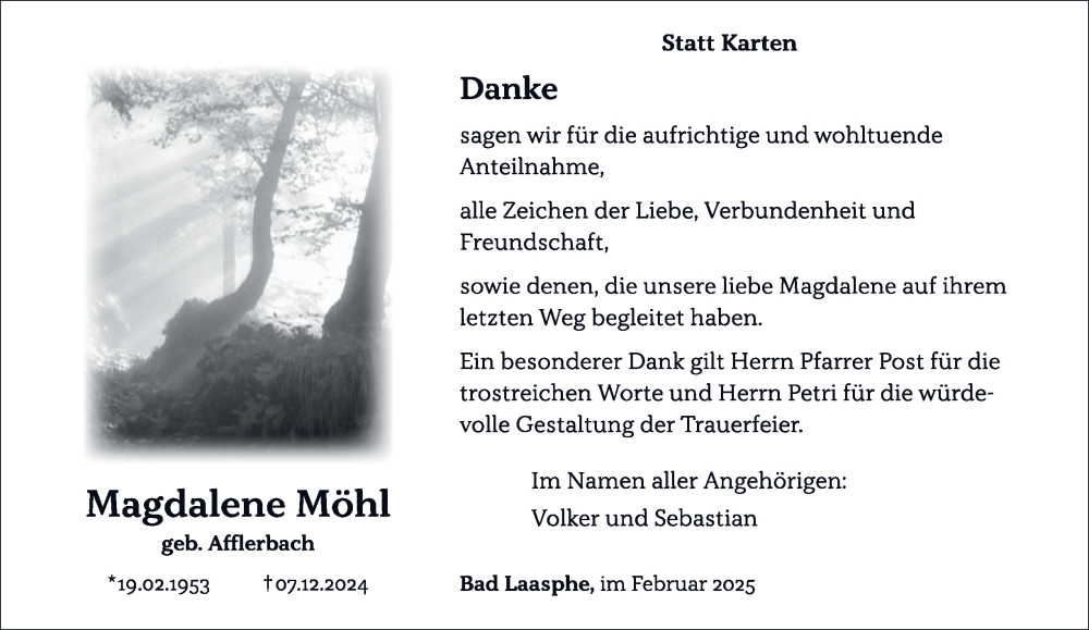  Traueranzeige für Magdalene Möhl vom 08.02.2025 aus Tageszeitung