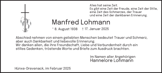 Traueranzeige von Manfred Lohmann von Tageszeitung
