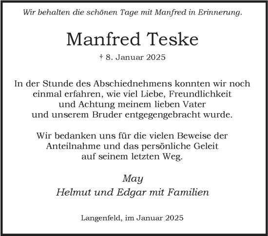 Traueranzeige von Manfred Teske von Tageszeitung