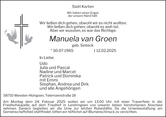Traueranzeige von Manuela van Groen von Tageszeitung