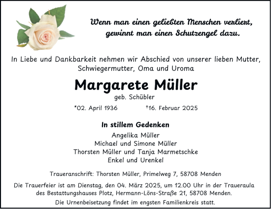 Traueranzeige von Margarete Mu¨ller von Tageszeitung
