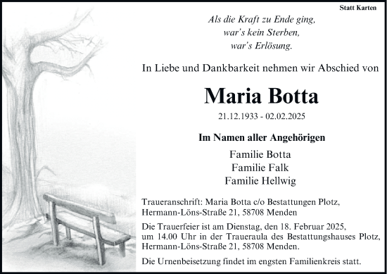 Traueranzeige von Maria Botta von Tageszeitung
