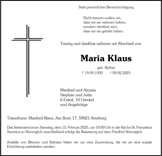 Traueranzeige von Maria Klaus von Tageszeitung