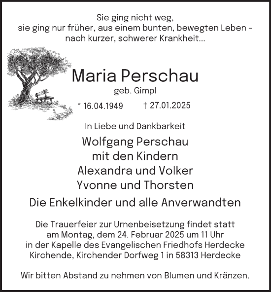 Traueranzeige von Maria Perschau von Tageszeitung