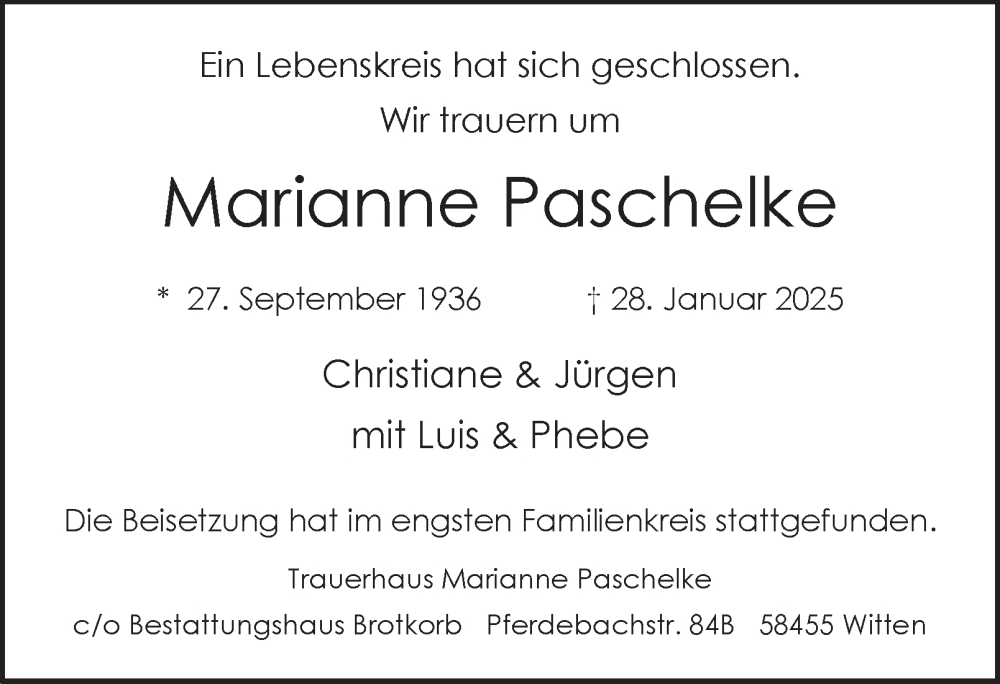  Traueranzeige für Marianne Paschelke vom 22.02.2025 aus Tageszeitung