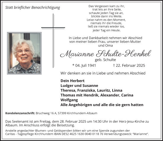 Traueranzeige von Marianne Schulte-Henkel von Tageszeitung