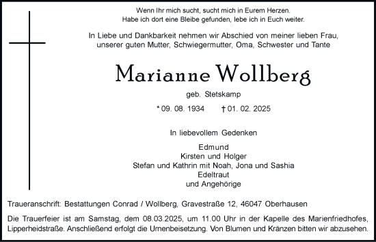 Traueranzeige von Marianne Wollberg von Tageszeitung