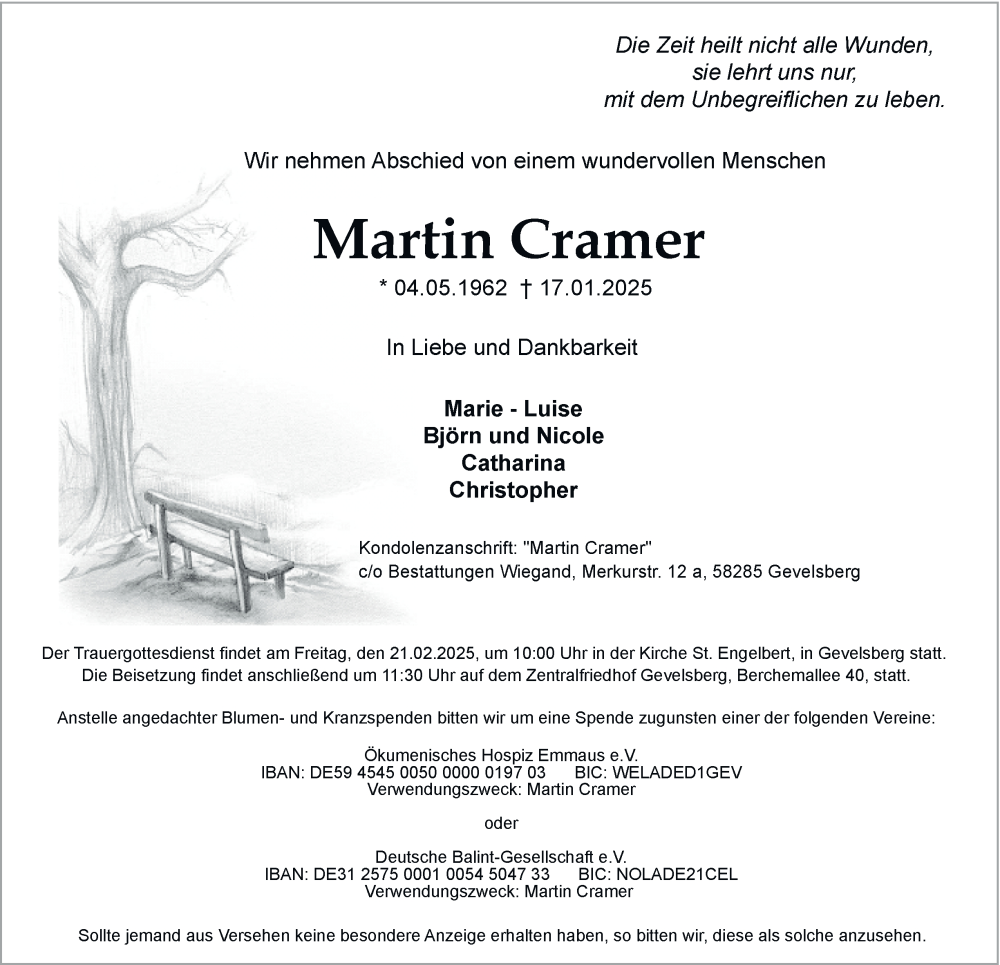  Traueranzeige für Martin Cramer vom 13.02.2025 aus Tageszeitung