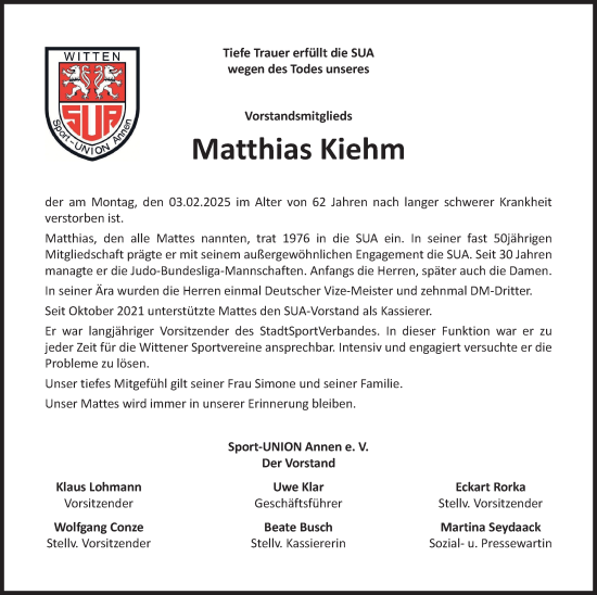Traueranzeige von Matthias Kiehm von Tageszeitung