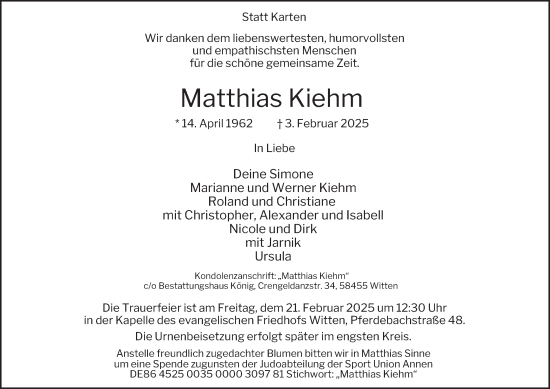 Traueranzeige von Matthias Kiehm von Tageszeitung
