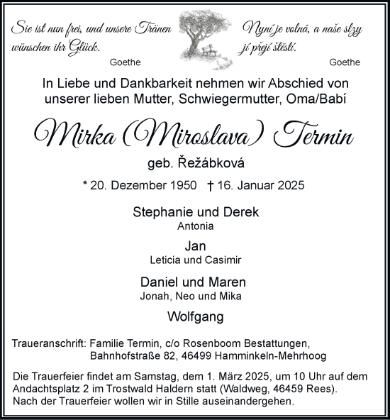 Traueranzeige von Mirka Termin von Tageszeitung
