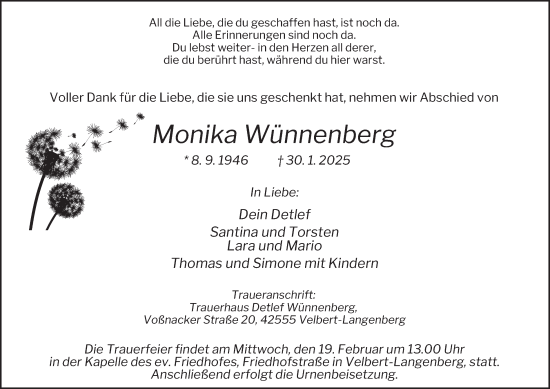 Traueranzeige von Monika Wünnenberg von Tageszeitung