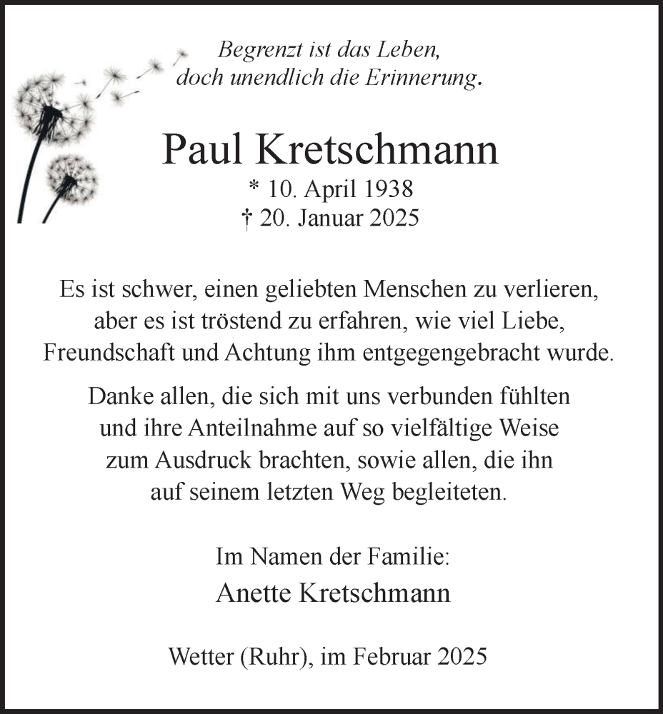  Traueranzeige für Paul Kretschmann vom 22.02.2025 aus Tageszeitung