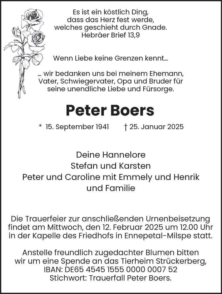  Traueranzeige für Peter Boers vom 08.02.2025 aus Tageszeitung