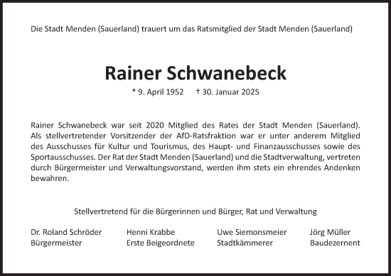 Traueranzeige von Rainer Schwanebeck von Tageszeitung