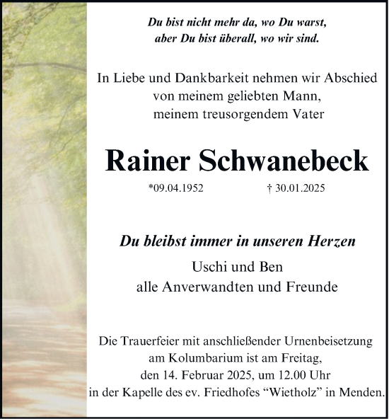 Traueranzeige von Rainer Schwanebeck von Tageszeitung