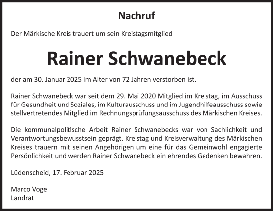 Traueranzeige von Rainer Schwanebeck von Tageszeitung