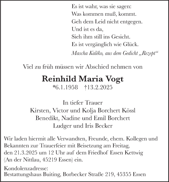 Traueranzeige von Reinhild Maria Vogt von Tageszeitung