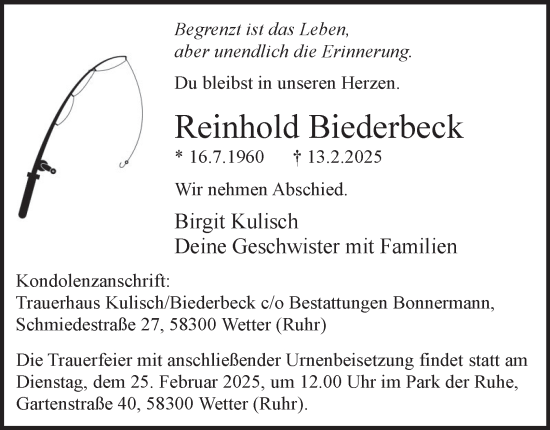 Traueranzeige von Reinhold Biederbeck von Tageszeitung