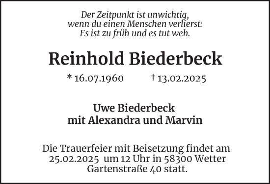 Traueranzeige von Reinhold Biederbeck von Tageszeitung