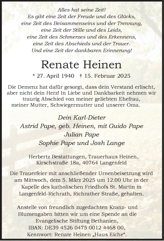 Traueranzeige von Renate Heinen von Tageszeitung
