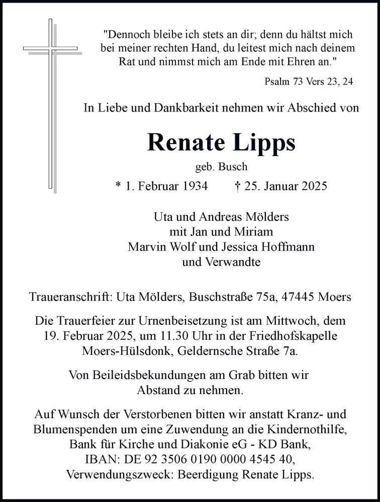  Traueranzeige für Renate Lipps vom 15.02.2025 aus Tageszeitung