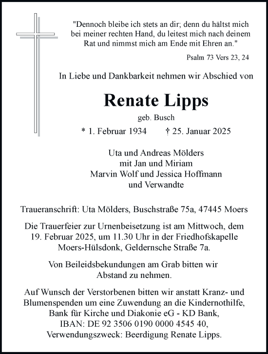 Traueranzeige von Renate Lipps von Tageszeitung