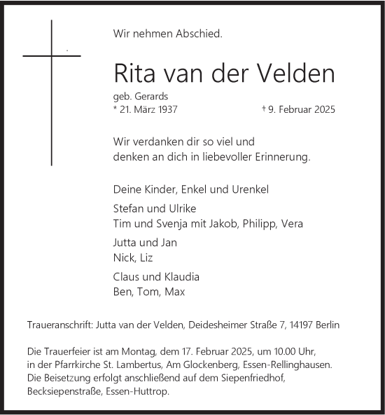Traueranzeige von Rita van der Velden von Tageszeitung